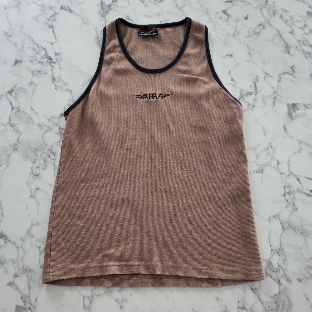 Hot Bodz Y2K Brown Sleeveless Ribbed Tank Top Medium Contrast Trim Skater Flames